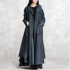 women black Winter coat oversized Notched pockets Elegant long sleeve denim patchwork long coats